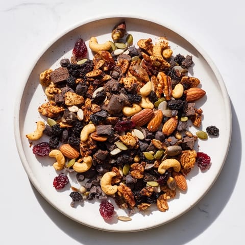 Golden, oven-roasted Acorn & Oak Snack Mix; a vegetarian treat with dried cranberries and chocolate chips.
