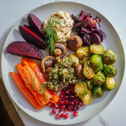 This festive Pine Forest Winter Mezze Board features colorful roasted veggies and a creamy labneh dip.