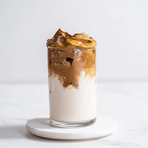 This close-up showcases the fluffy, caramel-colored whipped coffee atop a refreshing Brown Sugar Dalgona Latte.