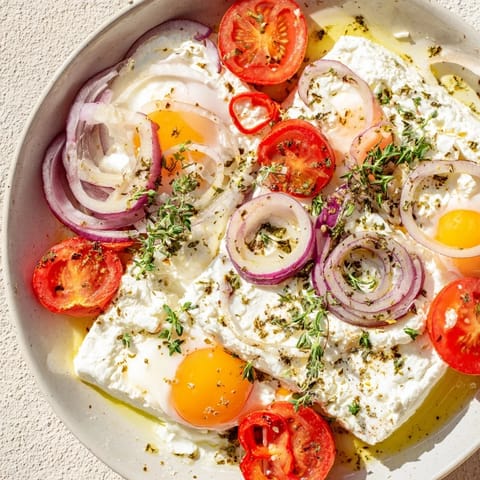 Golden, baked Mediterranean Feta & Eggs, perfect for brunch with fresh parsley and crusty bread.