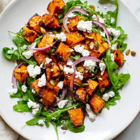 This flavorful roasted sweet potato salad features tender sweet potatoes and creamy feta cheese.
