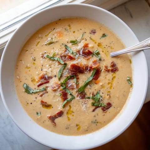 Cremige Tuscan White Bean Soup in einer Schüssel mit gerösteter Pancetta und frischen Basilikumblättern.