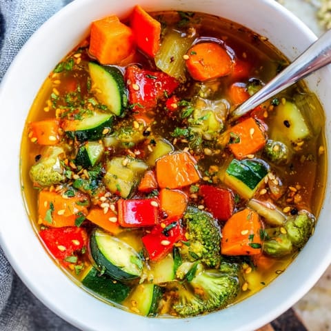 Eine dampfende Schüssel Ginger Vegetable Soup mit knackigem Brokkoli und Karotten, bereit mit frischen Kräutern genossen zu werden.