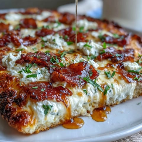 Eine heiße White Pizza with Beef Prosciutto & Hot Honey mit cremiger Ricotta-Basis und leicht süß-scharfem Honigtropfen.  