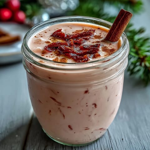 Frische Guava Coquito in einem glas mit zimt garniert, cremige karibische cocktail für weihnachten.