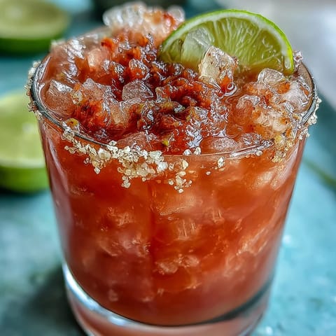 Tropische Guava Margarita in einem eisgekühlten Glas mit Tajín-Rand und Limettengarnitur.