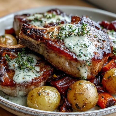 Crockpot Ranch Pork Chops in creamy gravy with tender potatoes and carrots served in a rustic bowl.