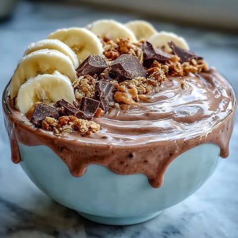 A creamy bowl of Chocolate Peanut Butter Smoothie topped with sliced bananas, granola, and a rich chocolate drizzle.