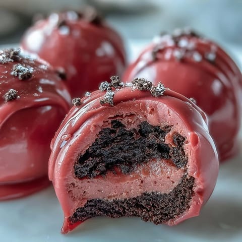Glatte Oreo Truffle Balls mit knuspriger rosa Zuckerguss, in Nahaufnahme auf einer Partyplatte serviert.