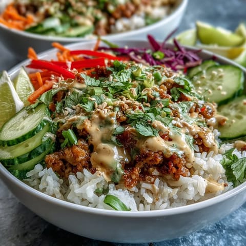 Spicy Bang Bang Turkey Rice Bowls mit knackigem Gemüse und cremiger, scharfer Sauce auf dem Teller.