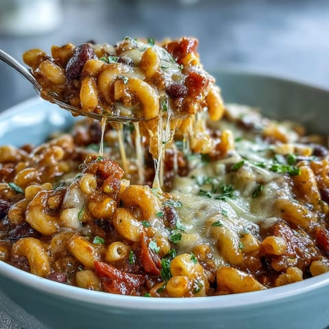 One-Pot Tex-Mex Chili Mac with Corn steaming in a skillet, melted cheddar cheese and fresh cilantro garnish. 