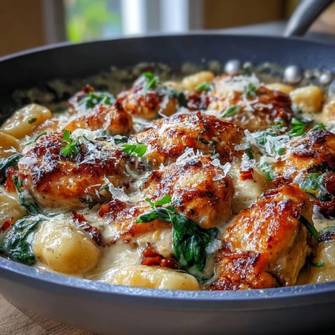 Tender chicken and gnocchi smothered in a rich garlic cream sauce, served in a hot skillet