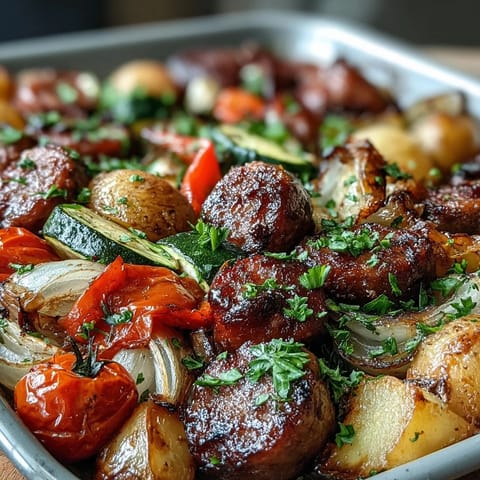 Räuchriges Sheet Pan Sausage & Veggies mit Naan: knusprig gebratene Wurst und farbenfrohes Gemüse, frisch aus dem Ofen serviert.