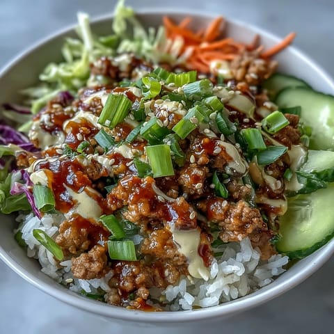 A steaming bowl of Spicy Bang Bang Turkey Rice Bowls with fluffy rice and colorful shredded cabbage.
