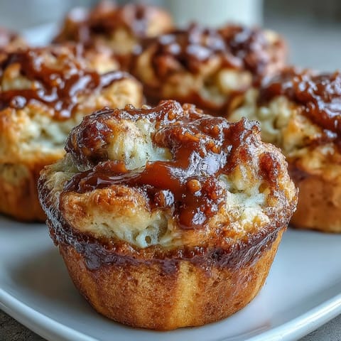 Gebackene Caramel Cream Cheese Swirl Muffins mit goldbrauner Kruste und sichtbaren Karamellfäden auf einer hölzernen Arbeitsplatte.