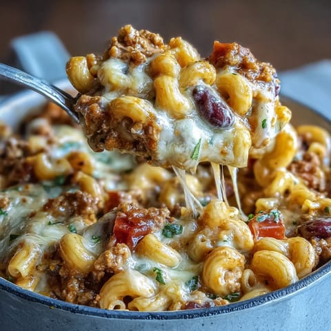 Eine Portion Baked Ranch Turkey Chili Mac auf einem Teller, garniert mit gehackten grünen Zwiebeln und Sauerrahm.