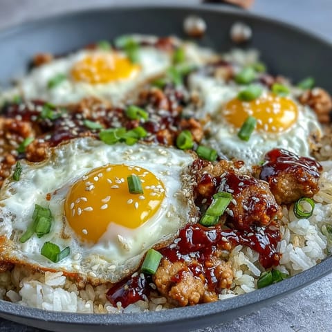 Korean Turkey Rice Skillet mit würziger Gochujang-Sauce, Karotten und Spinat auf dampfendem Reis