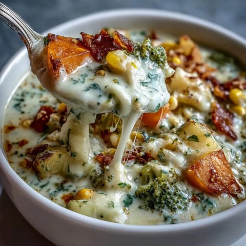 Creamy Garlic Parmesan Veggie Soup served with crusty bread for dipping, showcasing vibrant corn and broccoli inside.
