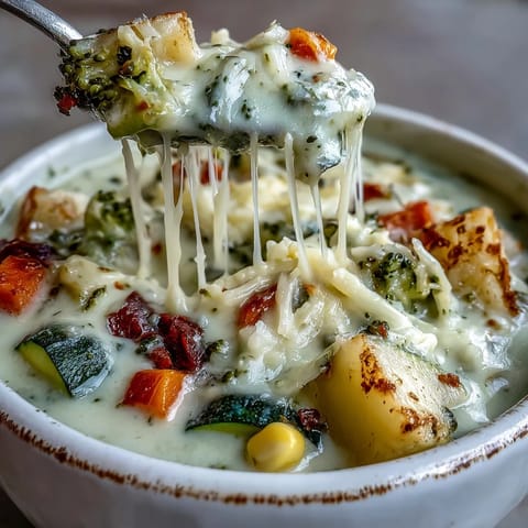 Rich and creamy Creamy Garlic Parmesan Veggie Soup garnished with thyme beside a slice of crusty bread
