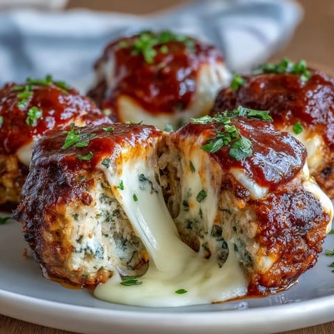 Goldbraune Baked Spicy Chicken Parm Meatballs backen knusprig in der Tomatensauce und duften nach gewürztem Hähnchen.
