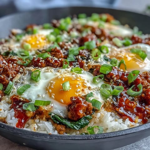 Köstliche Creamy Korean Turkey Rice Skillet mit knackigem Gemüse und cremiger, Koreanisch inspirierter Sauce.