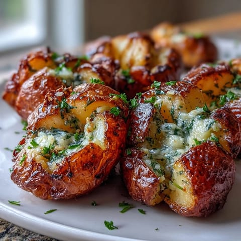 Crispy, smashed Smashed Garlic & Herb Potatoes brushed with roasted garlic butter and herbs.