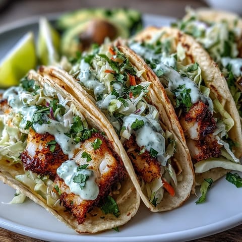 Frisch zubereitete Spicy Lime Fish Tacos mit knusprigem Krautsalat und cremiger Avocado auf einem Holztisch.