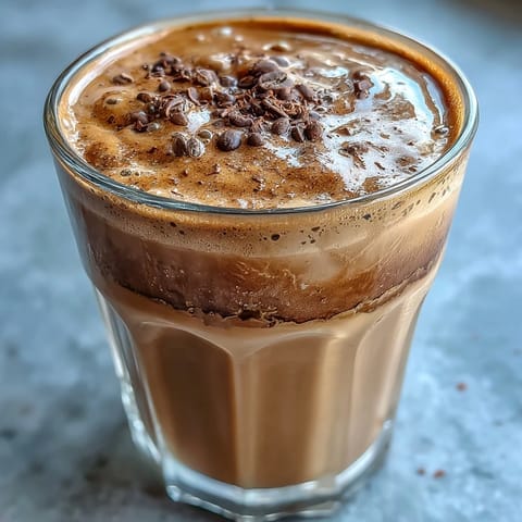 A frosted glass of 5-Minute Coffee Protein Shake beside whole beans and a ripe banana.