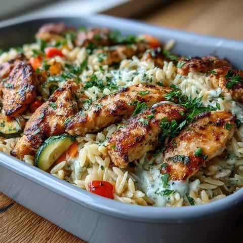 Boursin Orzo Auflauf: Hähnchen & Gemüse Freude, serviert mit frisch gehackter Petersilie und goldbrauner Kruste.