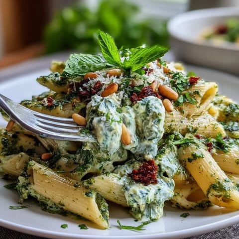 A warm bowl of Cream Cheese Pesto Pasta with extra Parmesan, ready to enjoy for dinner.