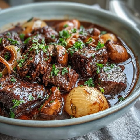 Genieße das würzige Wild Mushroom Beef Bourguignon mit goldbraunen Karotten in reichhaltiger Rotweinsoße.