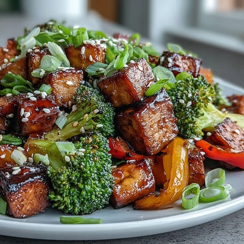 Farbenfrohes Vegan Teriyaki Tofu Sheet Pan Stir-Fry mit knusprigem Tofu und buntem Gemüse serviert.