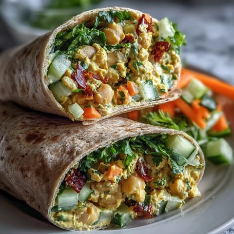 Spiced chickpea salad wrapped in a warm tortilla with spinach, carrot ribbons, and cucumber strips for lunch.