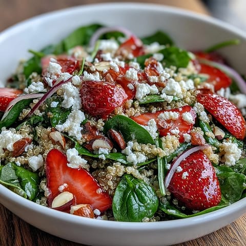 A bowl of Strawberry Spinach Quinoa Salad with Balsamic vinaigrette, featuring crumbled feta, red onion, and toasted almonds for crunch.