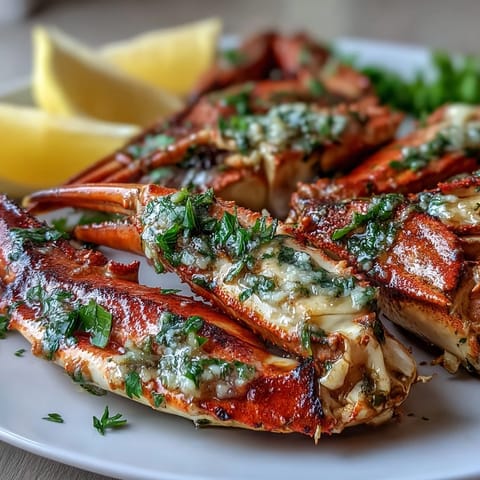 Goldene Keto Garlic Butter Crab Legs würzig in Knoblauchbutter, serviert mit Zitrone.  