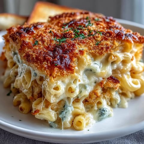 Goldbrauner Käse über der Four-Cheese Mac & Cheese Bake, serviert in einer Auflaufform.