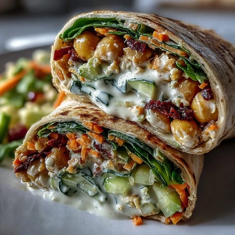 2. Mediterrane Wraps mit zerdrückten Kichererbsen, frischer Petersilie, geriebenen Karotten und erfrischendem Zitronen-Tahini-Dressing.  