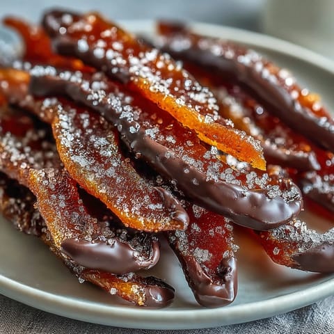 Zarte, kandierte Orangenschalen, halb in dunkle Schokolade getaucht, ein elegantes und zitroniges Leckerbissen für besondere Anlässe.