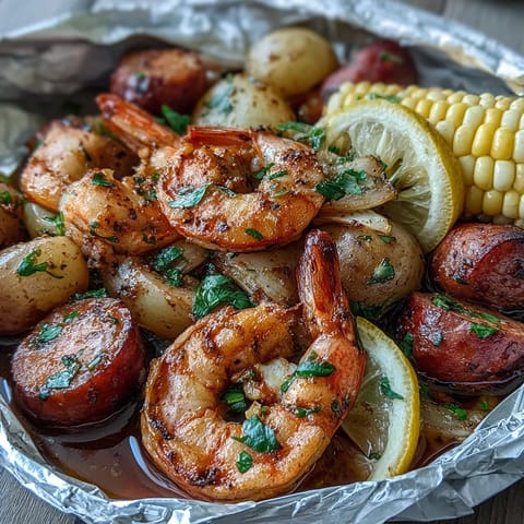 1. Köstliche Garnelen- und Wurst-Folie-Päckchen mit saftigen Zwiebeln, zarten Kartoffeln und süßem Mais, gewürzt mit Cajun-Gewürzen.  