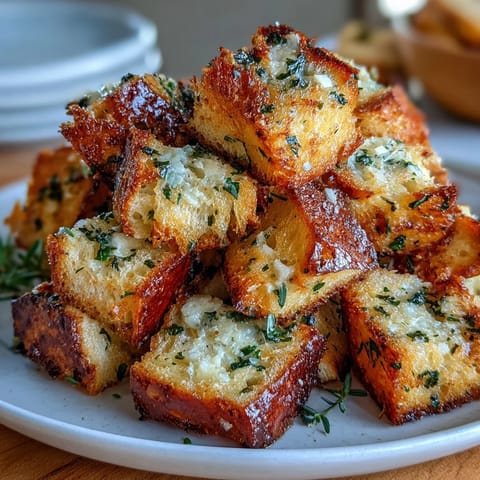 Knusprige, goldbraune Sauerteig-Croûtons mit Knoblauch und Kräutern, perfekt für Salate oder Suppen.