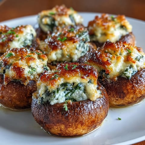 Knusprige gefüllte Champignons mit cremigem Spinat und Käse aus dem Airfryer – perfekt als schneller, vegetarischer Snack.