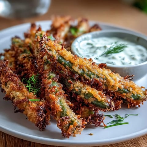 Luftige grüne Bohnen-Fritten aus dem Heißluftfritteuse, serviert mit frischem Kräuter-Ranch-Joghurt-Dip.  
