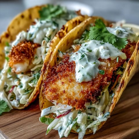 Luftfrittierte Fisch-Tacos mit leuchtendem Krautsalat, perfekt für ein leichtes und gesundes Abendessen.  