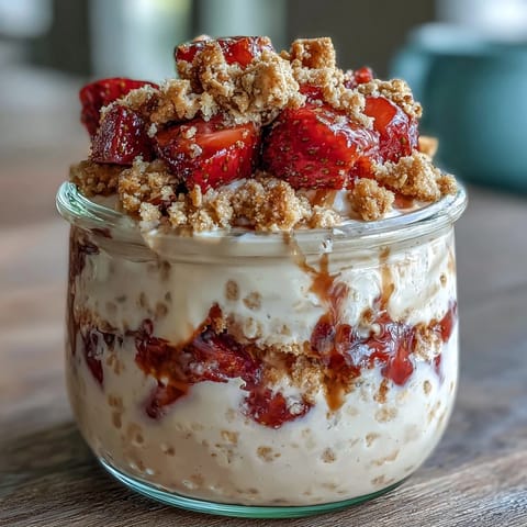 2. Cremige Overnight-Haferflocken mit Erdbeer-Käsekuchen-Geschmack, garniert mit süßen Erdbeeren und buttrigem Graham-Cracker-Crumble.