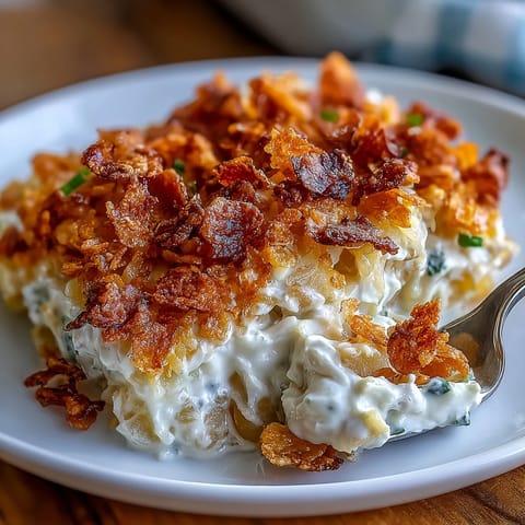 1. Eine cremige Auflaufform mit geriebenen Kartoffeln, griechischem Joghurt und knusprigen Cornflakes, perfekt für gemütliche Mahlzeiten.