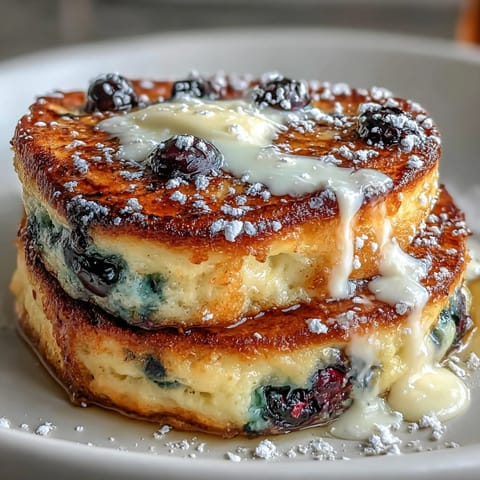Fluffy Sourdough Discard Lemon Blueberry Pancakes mit goldgelber Kruste und frischen Beeren.
