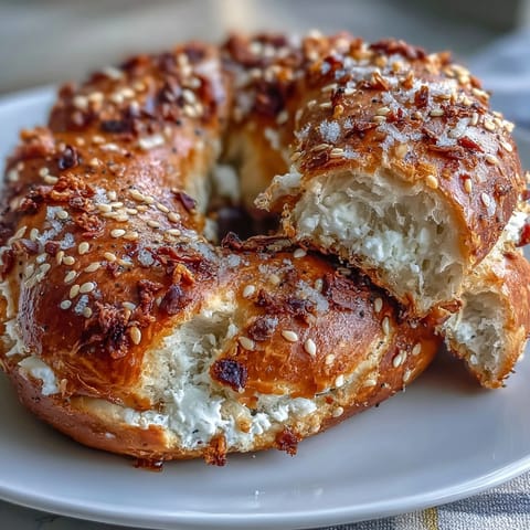 Weiche, proteinreiche griechische Joghurt-Bagels mit herzhafter Alles-Gewürzmischung, goldbraun und knusprig gebacken.