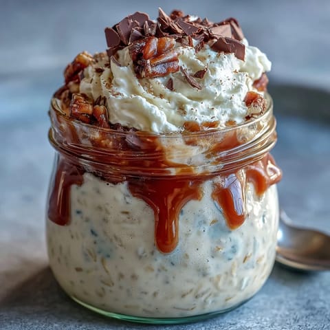 2. Genussvolle Vanille-Frappuccino-Übernacht-Haferflocken mit Kaffeearoma, gekrönt von luftiger Sahne und Karamellsauce.  