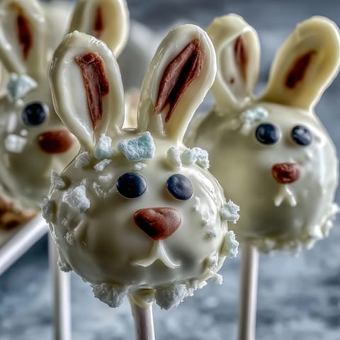 2. Festliche Cake Pops in Häschenform, überzogen mit weißer Schokolade und verziert mit Marshmallowschwänzen.  