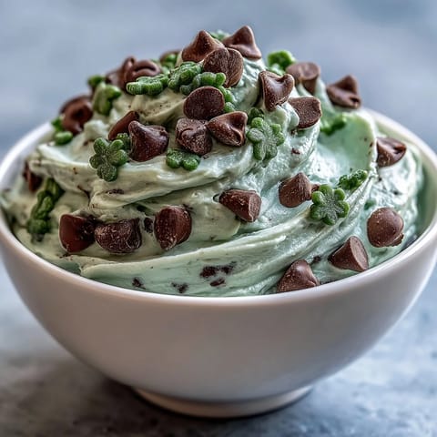 Ein festliches Dessert-Dip mit cremiger Minze, Schokoladenstückchen und grünen Kleeblatt-Streuseln für St. Patrick's Day.
